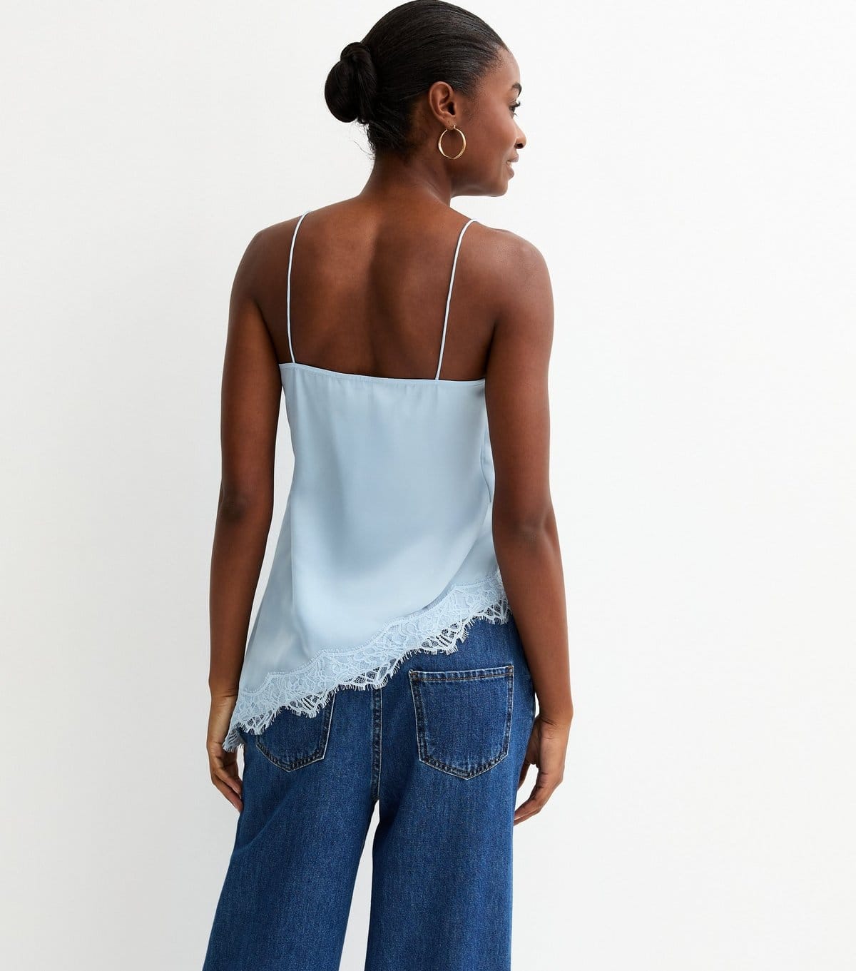 New Look Women's Light Blue Satin Asymmetric Lace Hem Cami Top New Look - 4