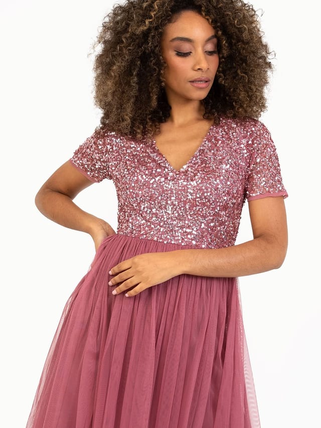 Maya Deluxe Maya Deluxe Women's Short Sleeve V Neck Embellished Midi Dress in Rose - 2