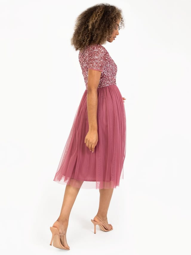 Maya Deluxe Maya Deluxe Women's Short Sleeve V Neck Embellished Midi Dress in Rose - 3