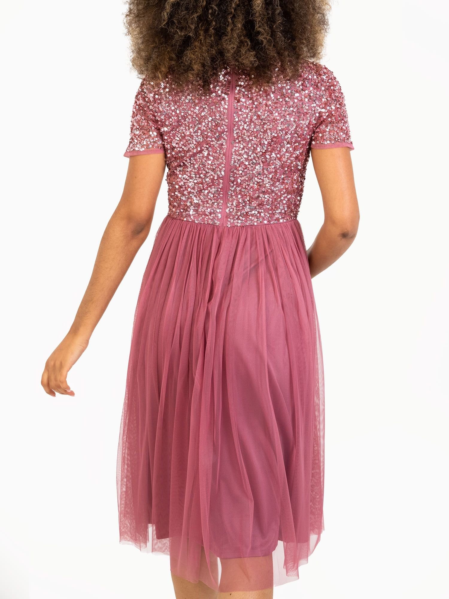 Maya Deluxe Maya Deluxe Women's Short Sleeve V Neck Embellished Midi Dress in Rose - 4