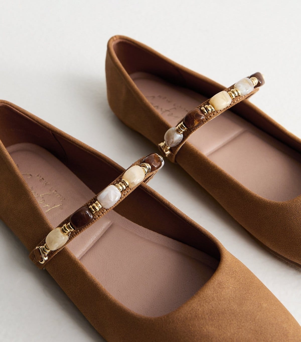 New Look Women's Tan Faux Suede Beaded Square Toe Ballerina Pumps Vegan New Look - 4