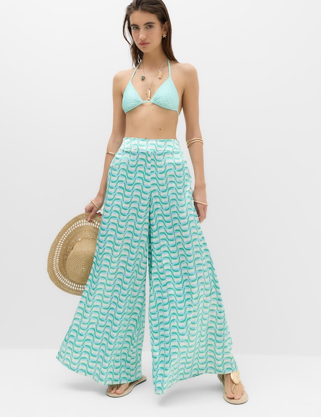 Marks & Spencer M&S Satin Printed Palazzo Beach Trousers Blue Mix