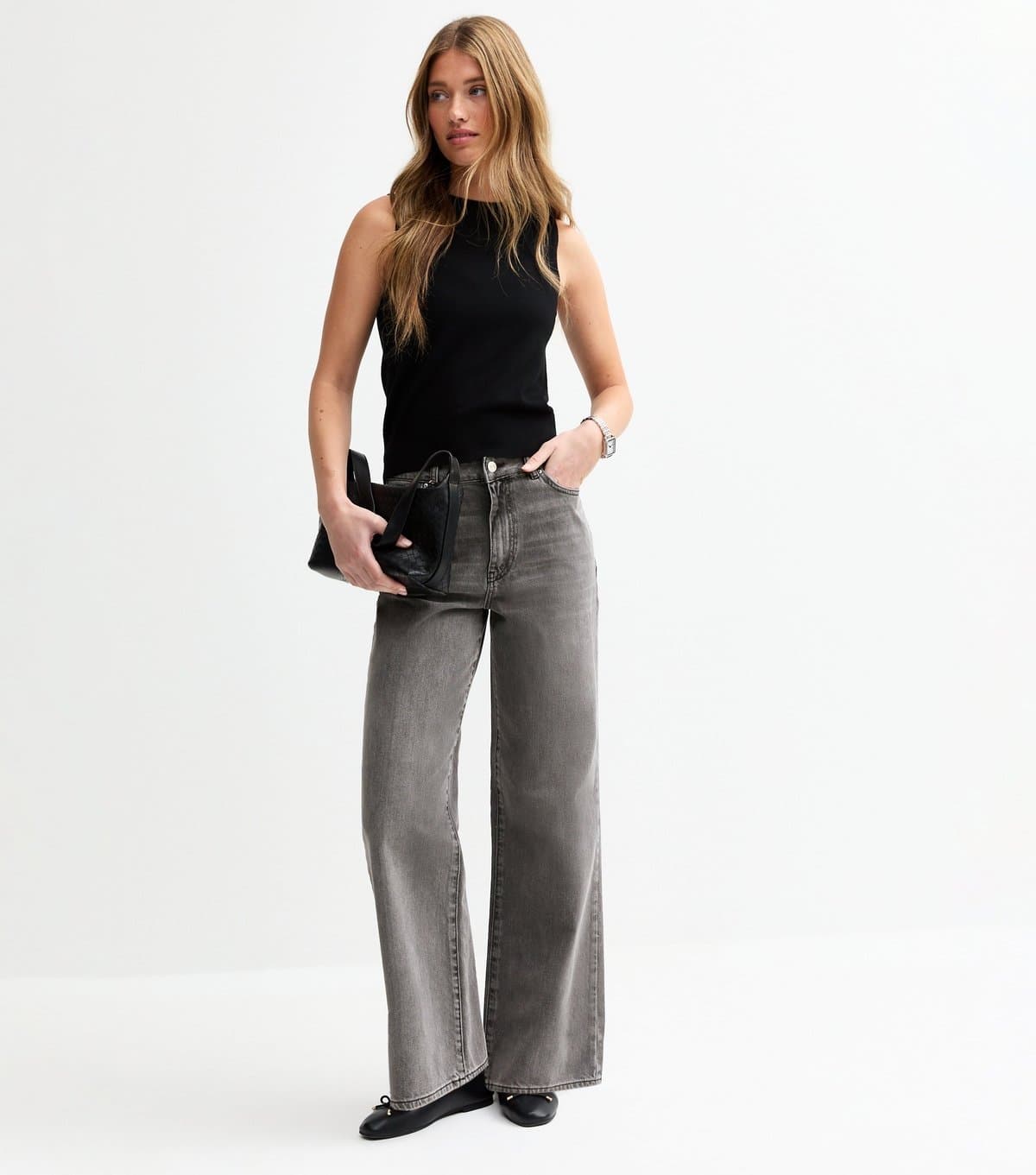 New Look Women's Washed Grey Adalae High-Waist Wide Leg Jeans New Look