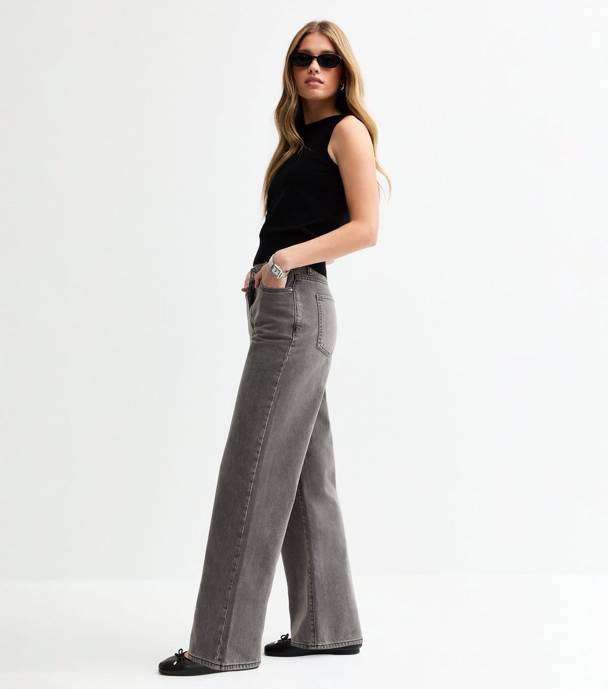 New Look Women's Washed Grey Adalae High-Waist Wide Leg Jeans New Look - 4
