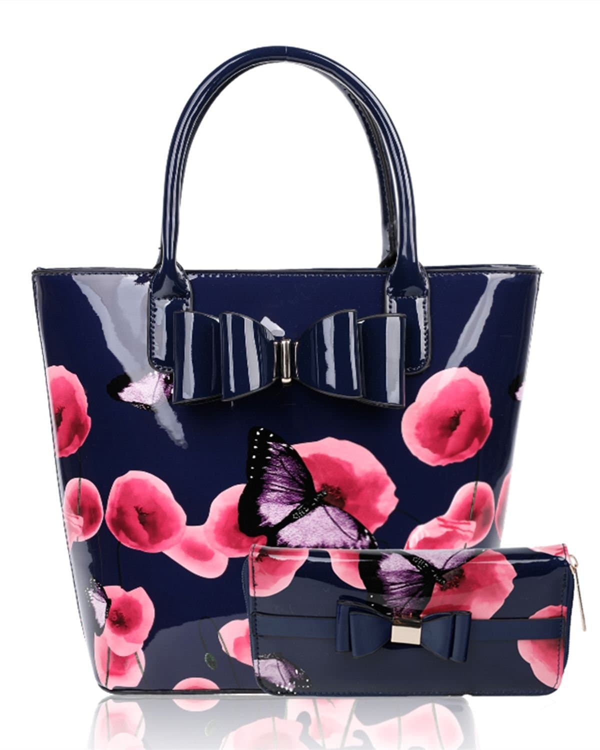 Fontanella Fashion Fontanella Fashion Women's Amapola 2IN1 Poppy Flower & Buttlefly Bucket Shaped Top-Handle Bag With Purse Set in Dark Blue