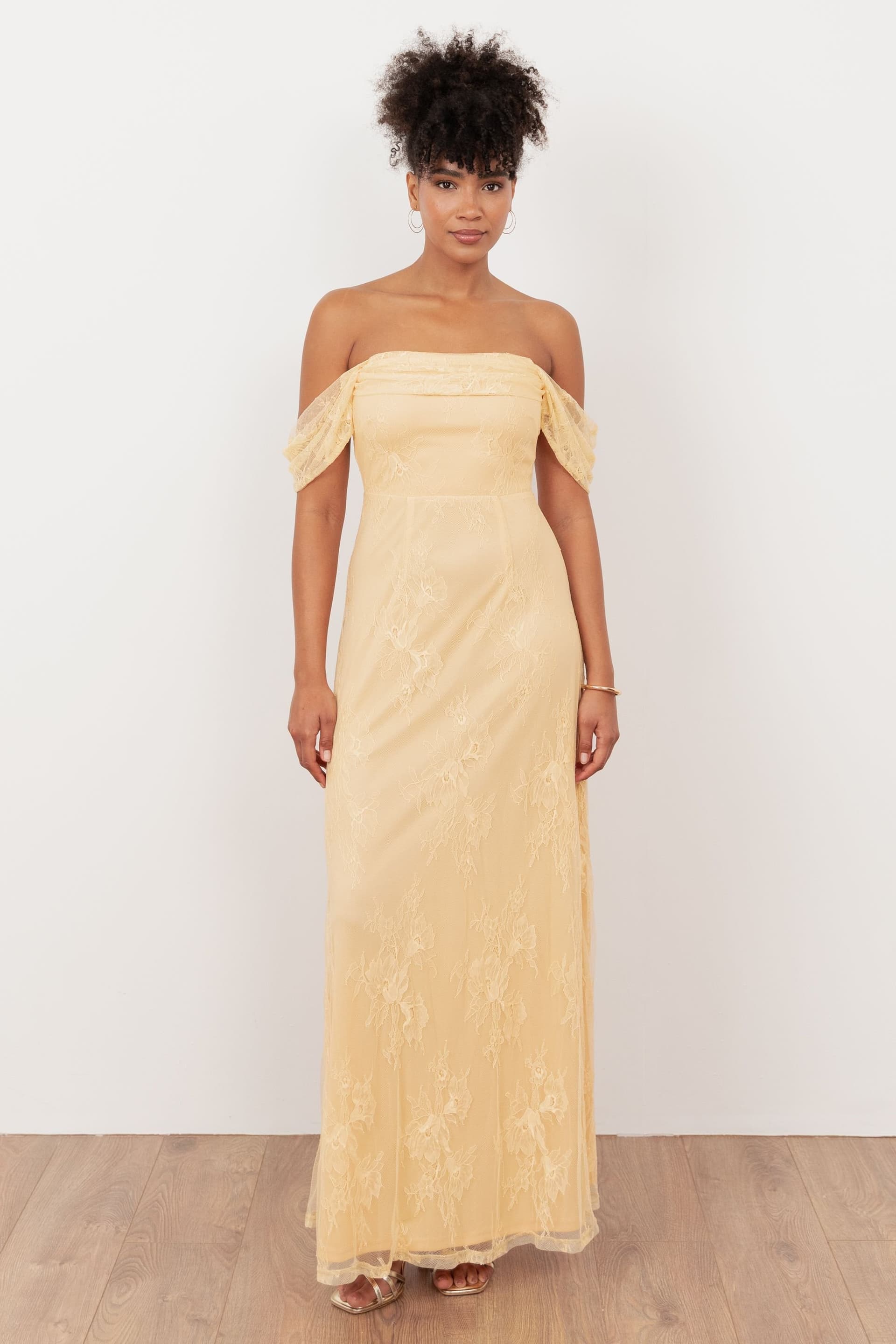 Maya Deluxe Maya Deluxe Women's Lace Bardot Maxi Dress in Yellow