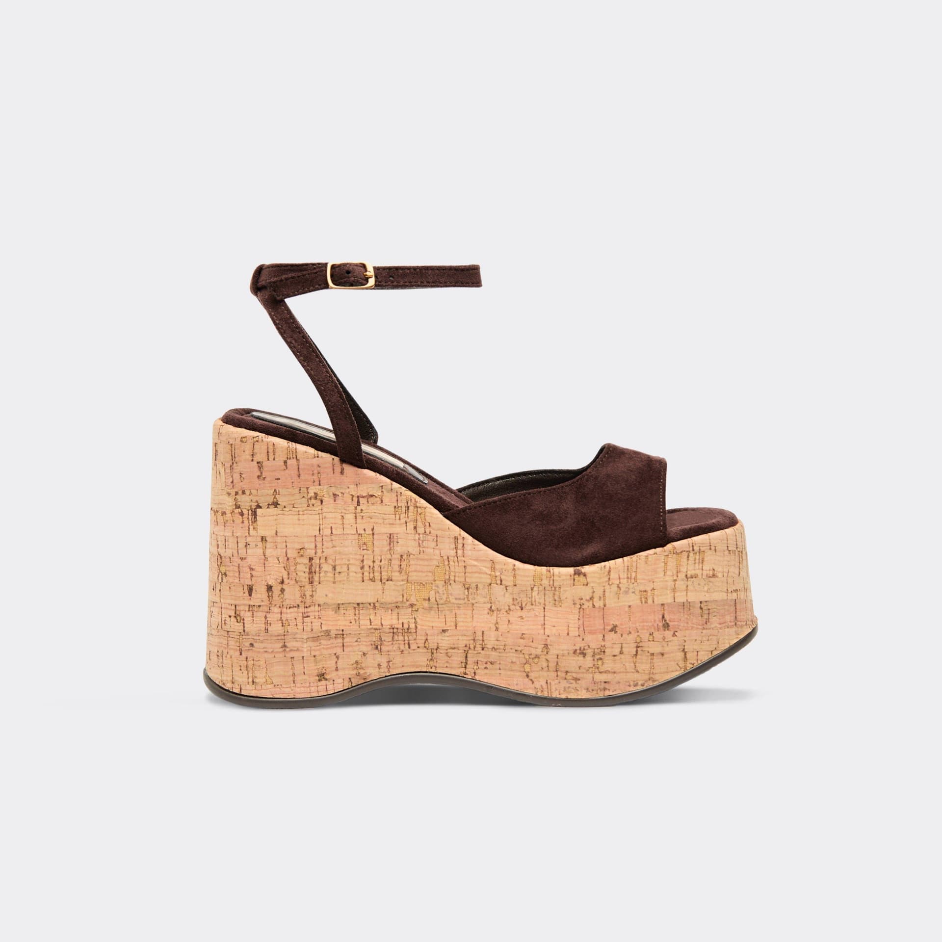 EGO Jenni Ankle Strap Cork Platform Wedge Heel In Brown Faux Suede, Women's Size UK 3
