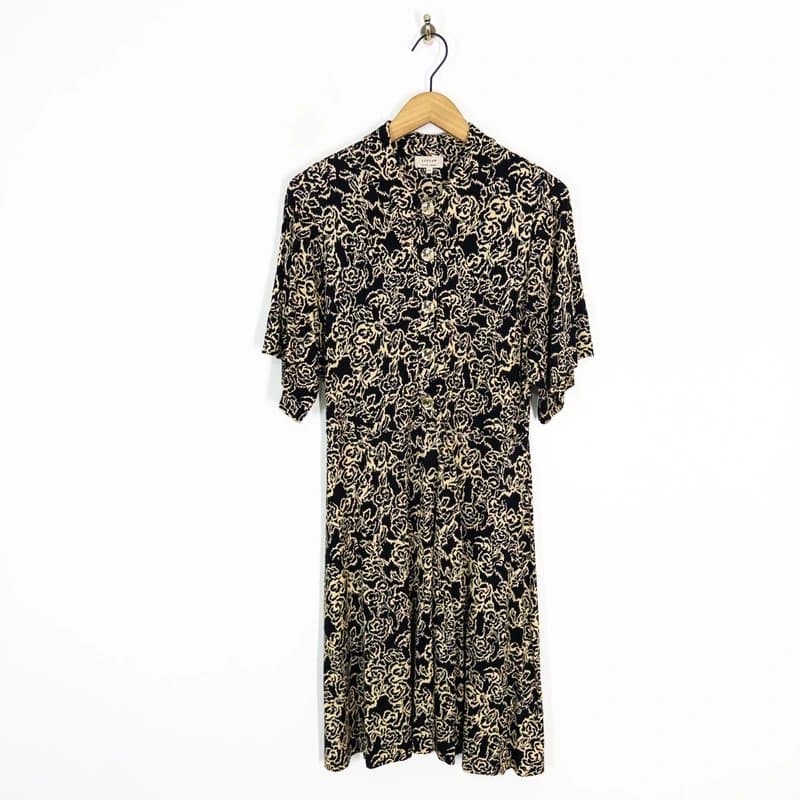 Jigsaw Jigsaw Floral Jersey Dress Size M 12 Black Beige Gold Button Detail Short Sleeve