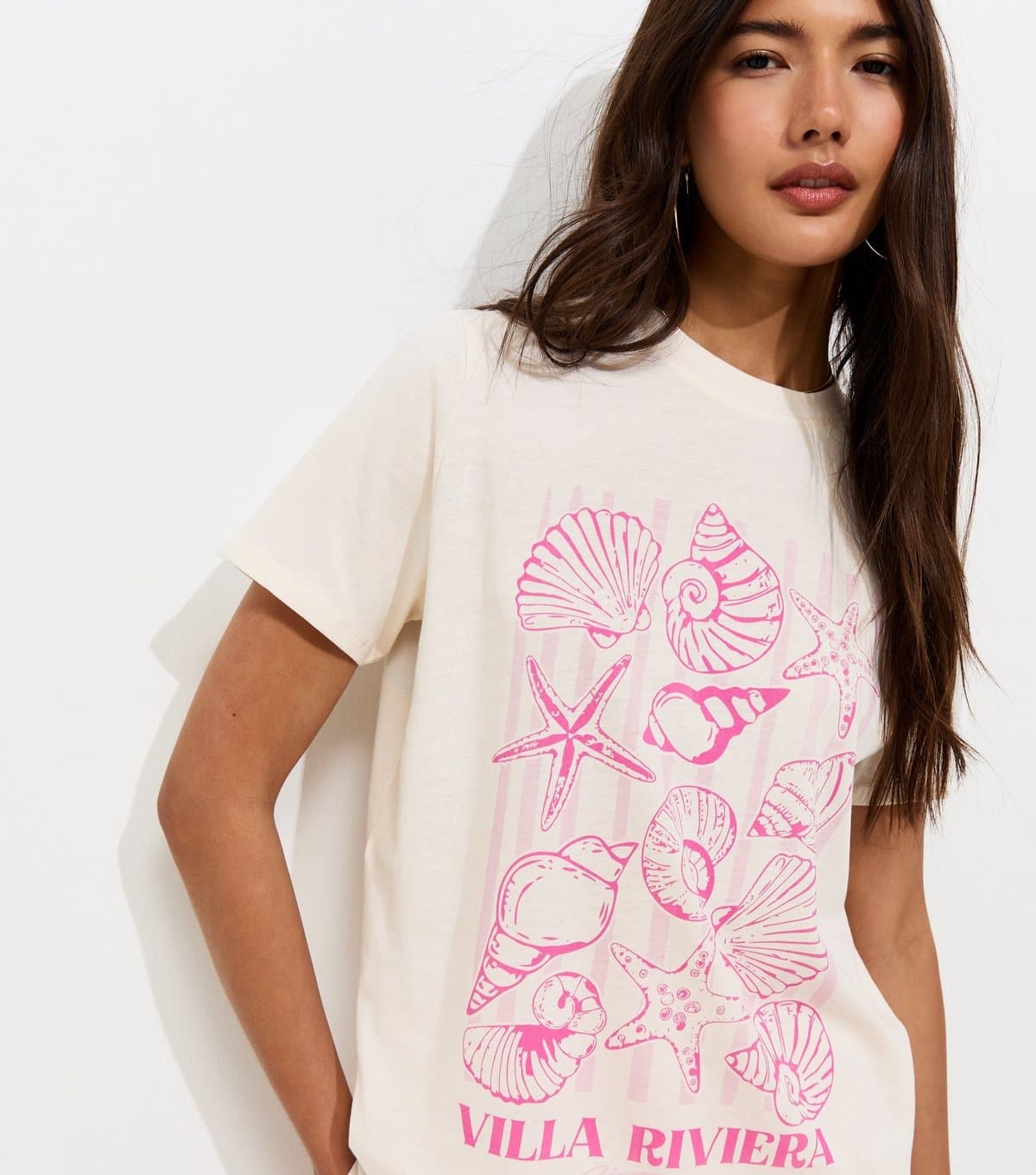 New Look New Look Off White Cotton Shell Print T-Shirt
