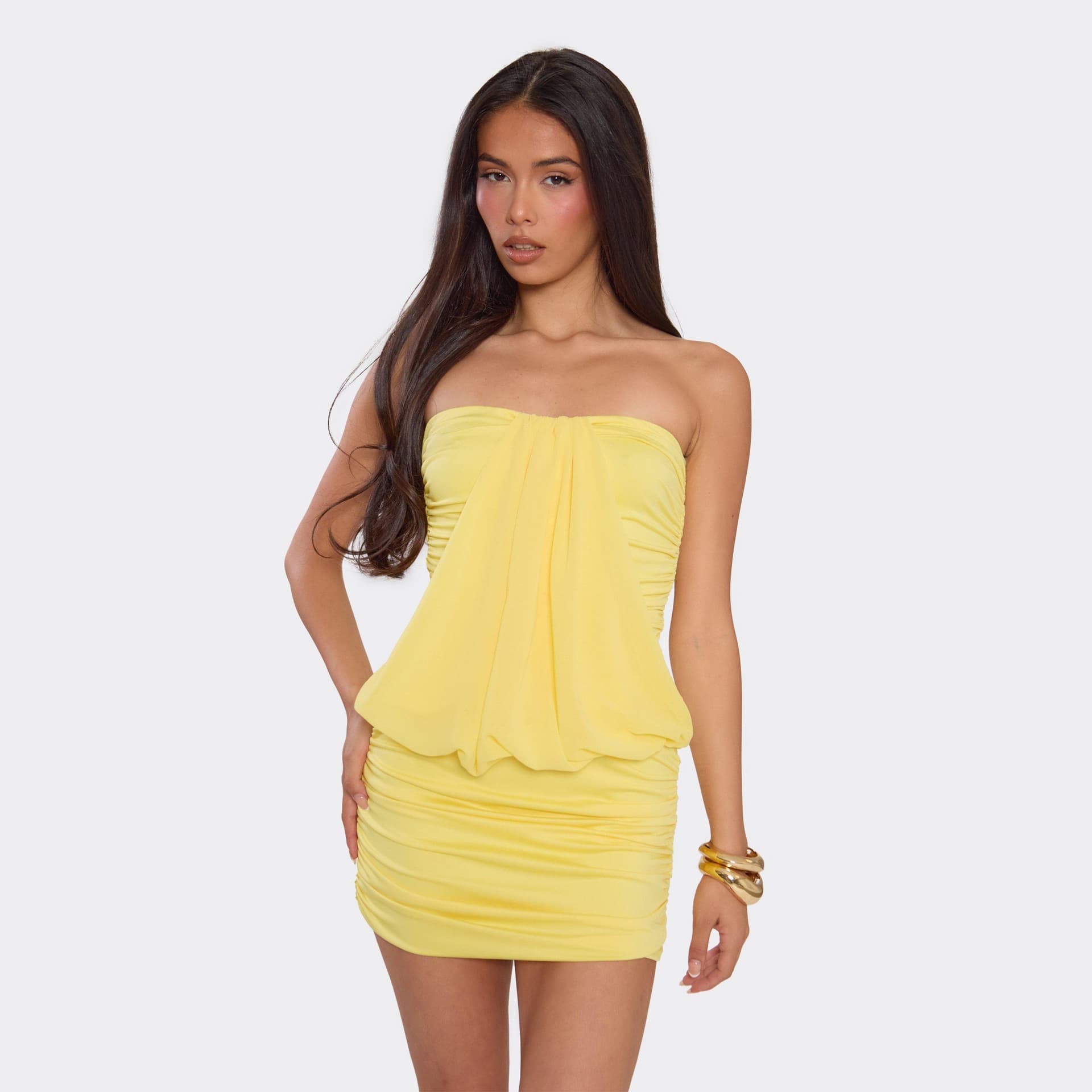 EGO Bandeau Cut Out Mesh Blouson Mini Dress In Lemon, Women's Size UK 6