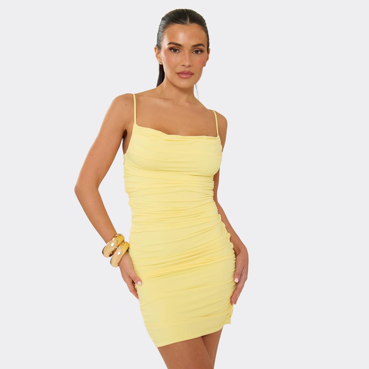 EGO Strappy Ruched Mini Dress In Yellow Slinky, Women's Size UK L - 1