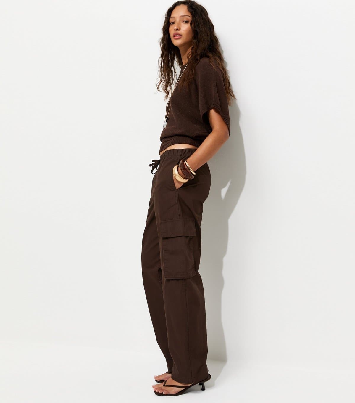 New Look Women's Dark Brown Barrel Leg Utility Cargo Trousers New Look