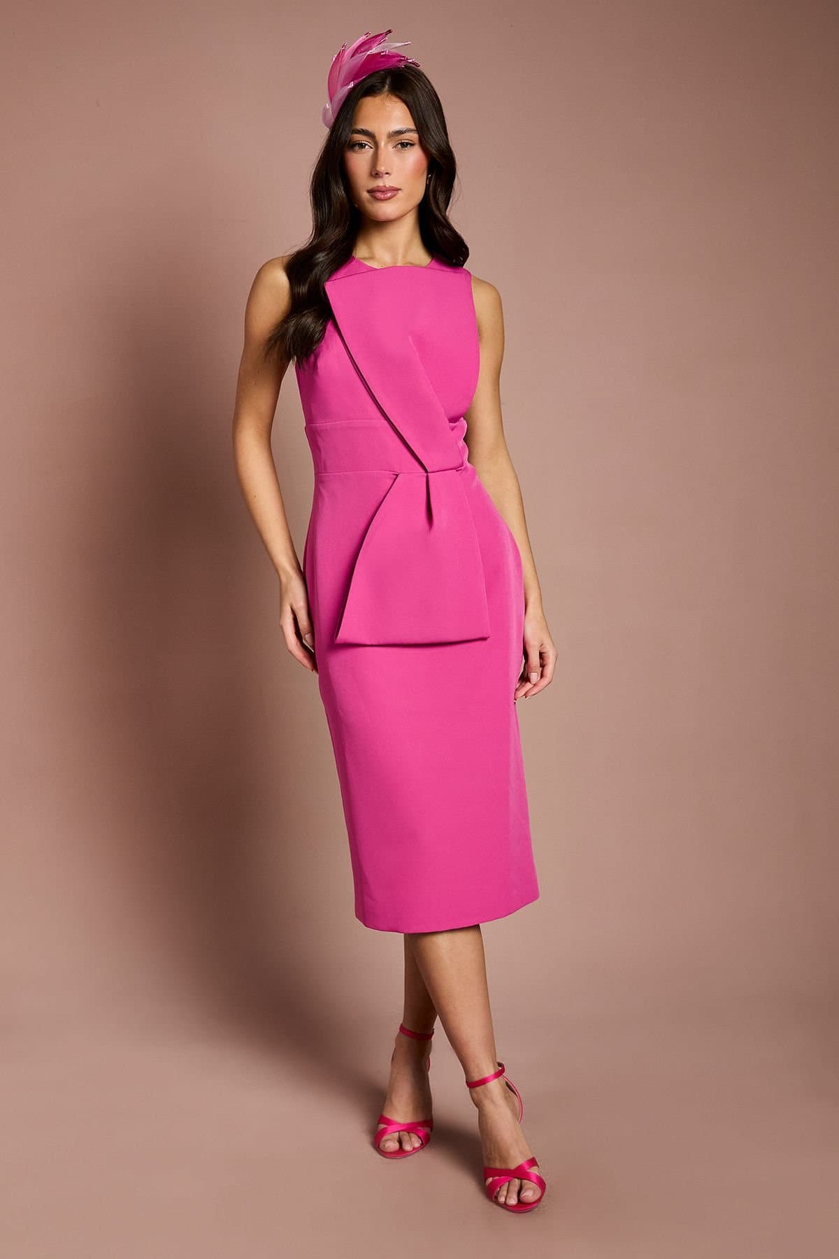 Coast Coast Women's Lisa Tan Bow Detail Crepe Pencil Midi Dress in Pink