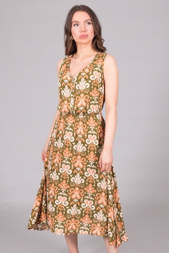 SOLO Green Abstract Print V-Neck Sleeveless Dress with Waist Tie