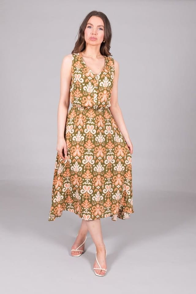 SOLO SOLO Women's Sleeveless V-Neck Abstract Print Dress with Waist Tie in Green - 2