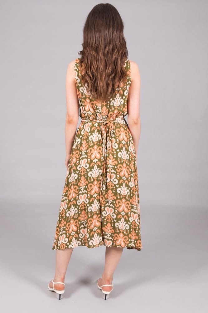 SOLO SOLO Women's Sleeveless V-Neck Abstract Print Dress with Waist Tie in Green - 4