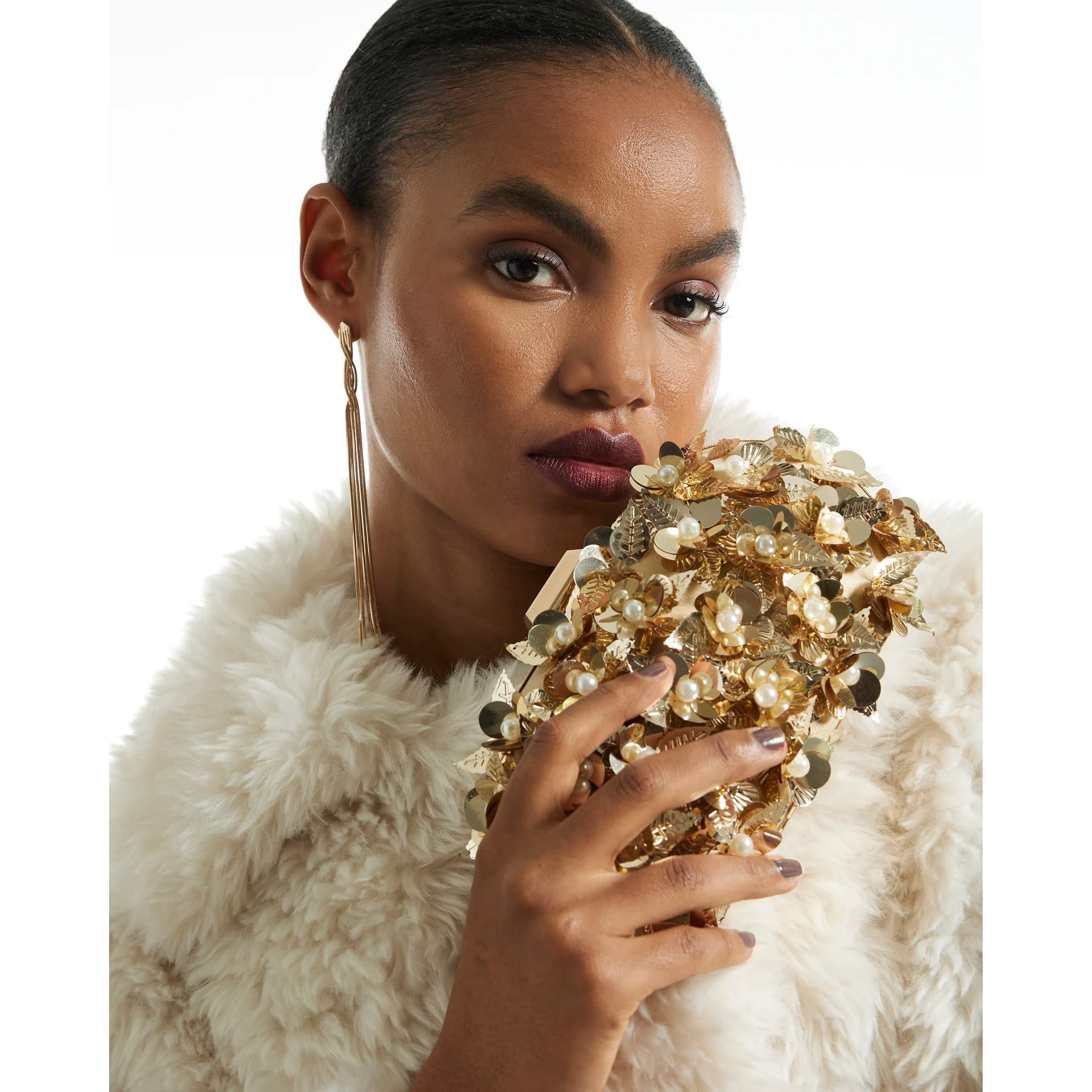 River Island River Island Womens Gold 3D Floral Embellished Hard Clutch Bag
