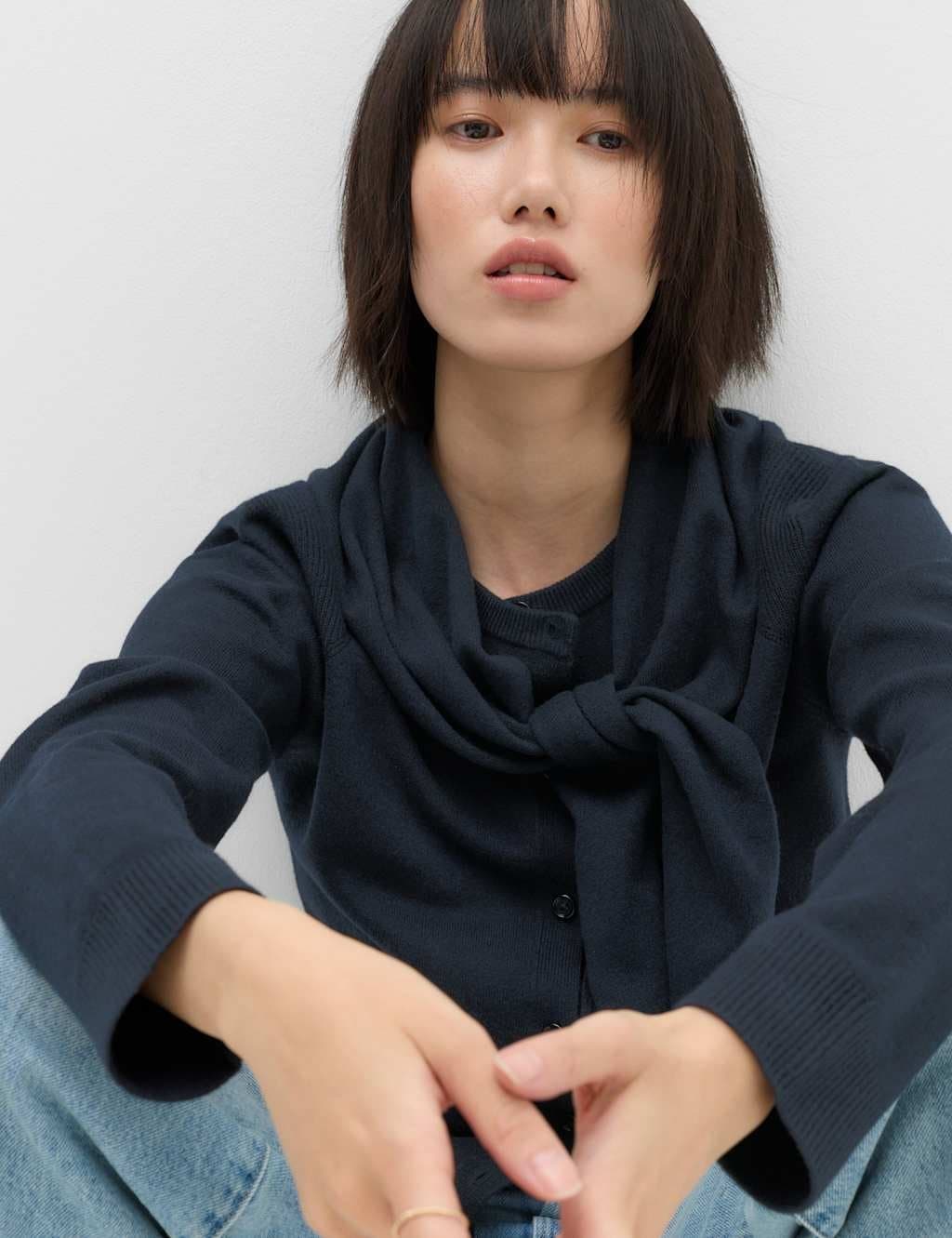 Marks & Spencer M&S Air-Yarn Scarf Neck Button Through Cardigan Midnight Navy
