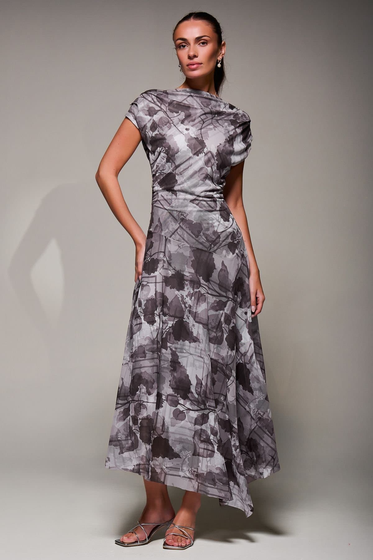 Jolie Moi Jolie Moi Women's Asymmetrical Draped Slash Neck Midaxi Dress in Grey