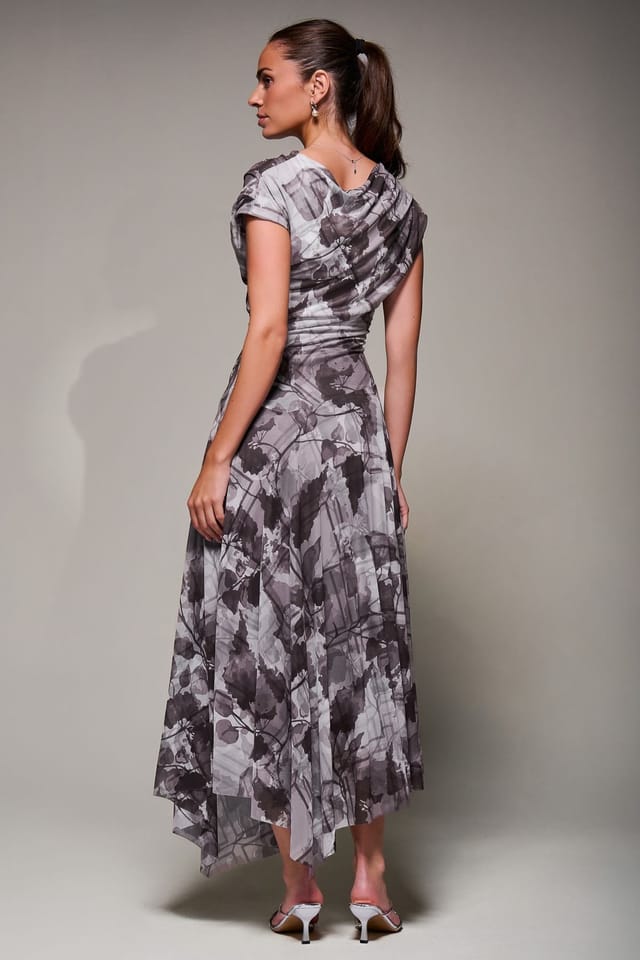 Jolie Moi Jolie Moi Women's Asymmetrical Draped Slash Neck Midaxi Dress in Grey - 2