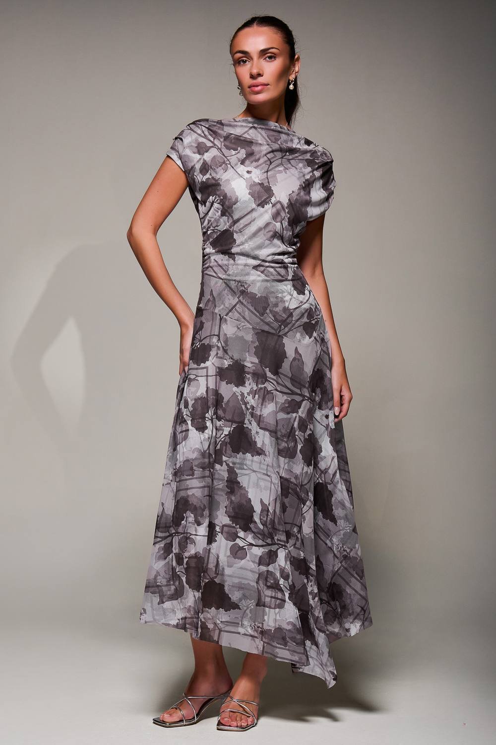 Jolie Moi Jolie Moi Women's Asymmetrical Draped Slash Neck Midaxi Dress in Grey - 4