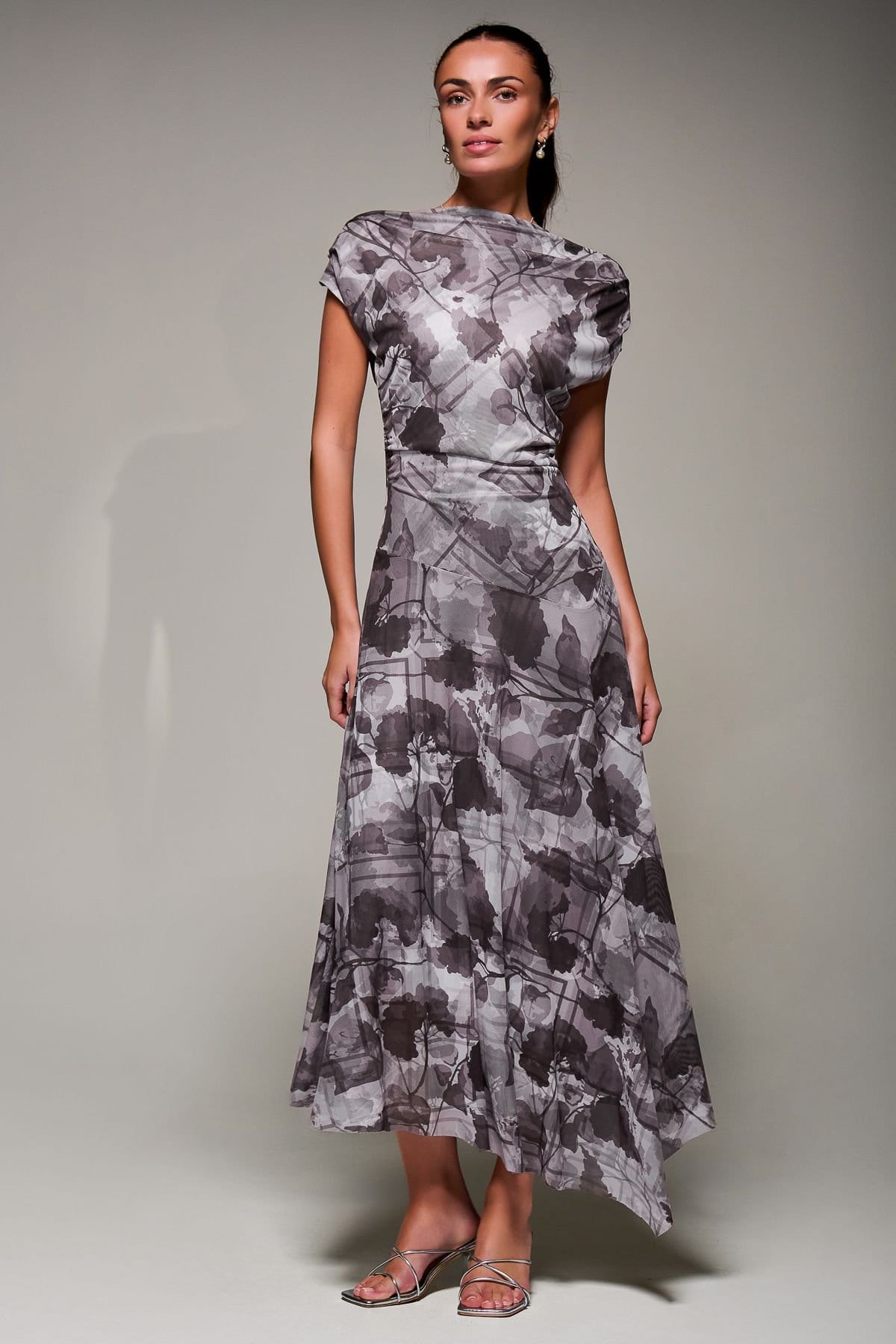 Jolie Moi Jolie Moi Women's Asymmetrical Draped Slash Neck Midaxi Dress in Grey - 4