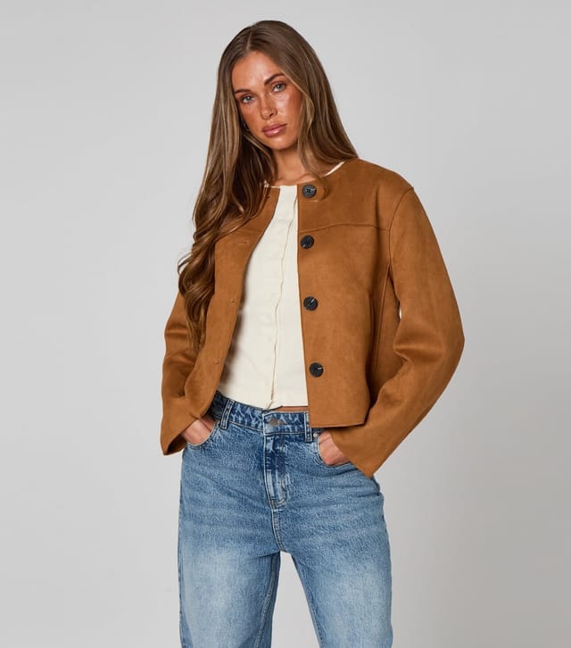 Urban Bliss Women's Tan Cropped Faux Suede Button Front Jacket Urban Bliss New Look - 2