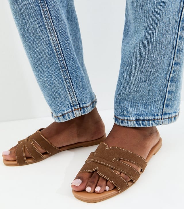 New Look Women's Tan Faux Suede Interwoven Strap Flat Mule Sandals Vegan New Look - 2