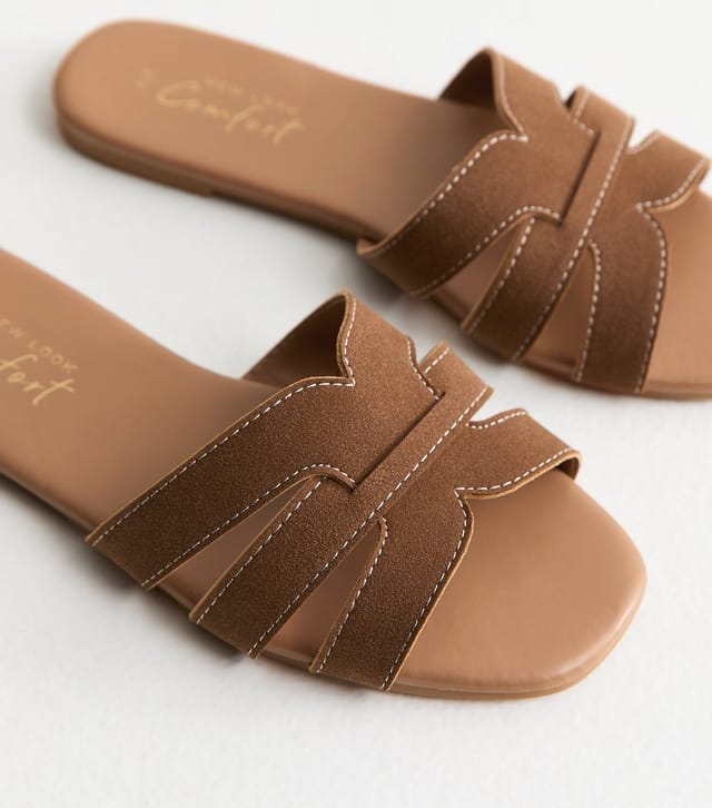 New Look Women's Tan Faux Suede Interwoven Strap Flat Mule Sandals Vegan New Look - 3