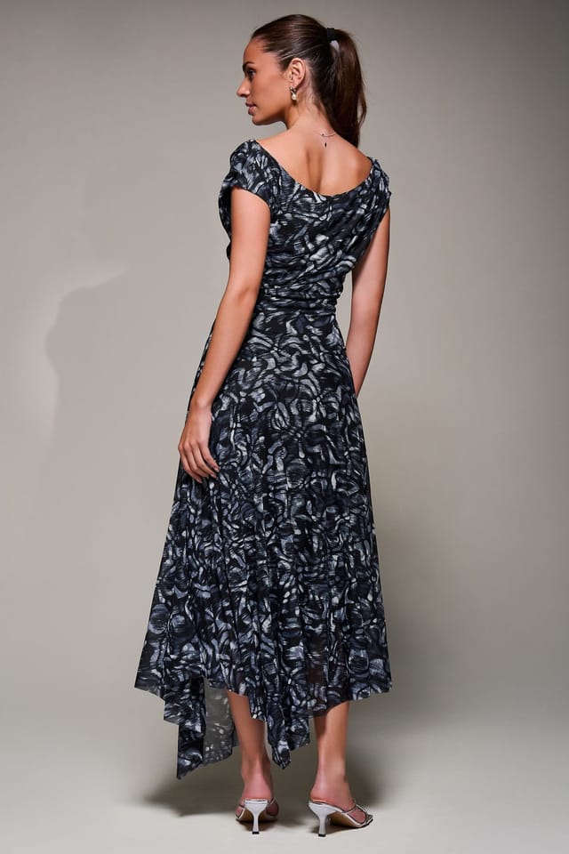 Jolie Moi Jolie Moi Women's Mesh Asymmetrical Draped Maxi Dress in Black - 2