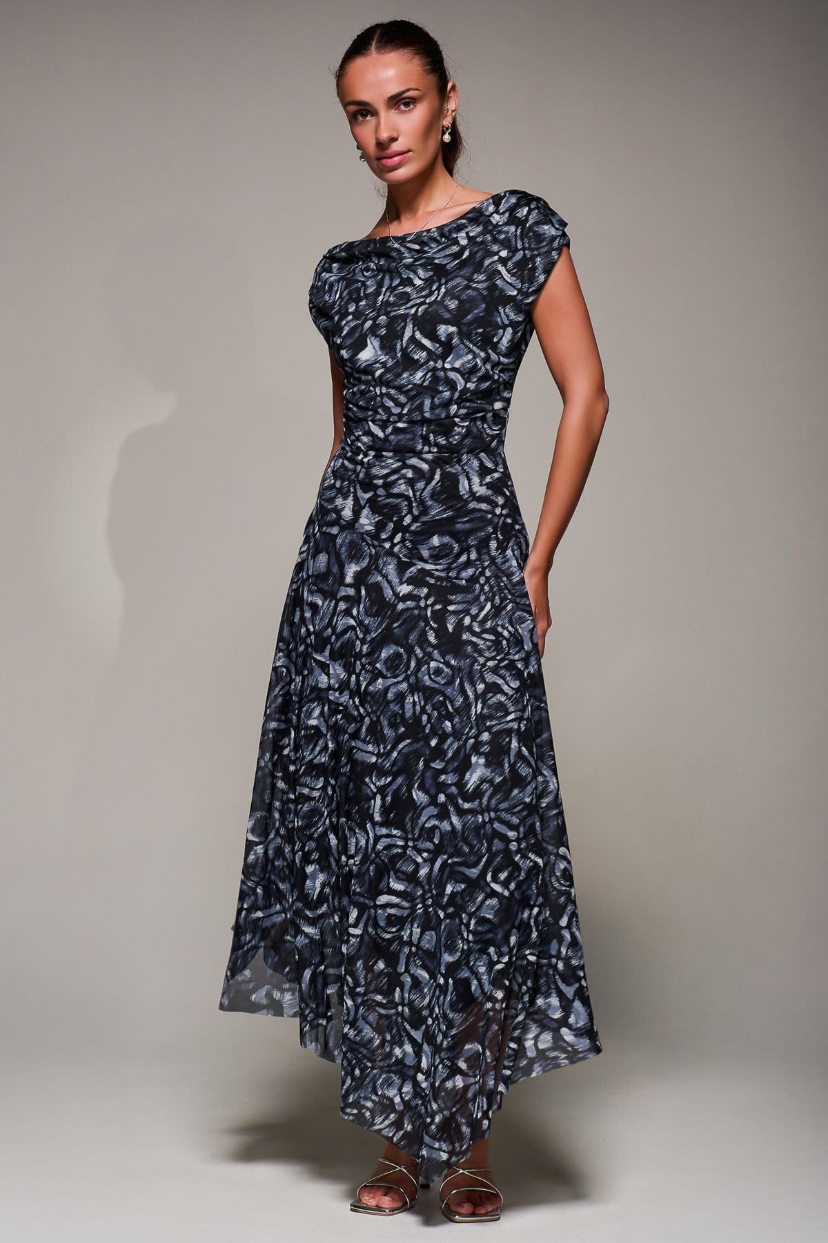 Jolie Moi Jolie Moi Women's Mesh Asymmetrical Draped Maxi Dress in Black - 4