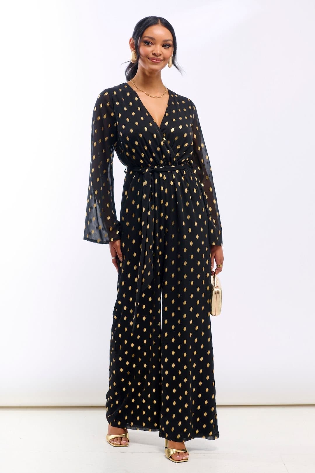 Needs No Label Needs No Label Women's Foil Wrap Jumpsuit in Black