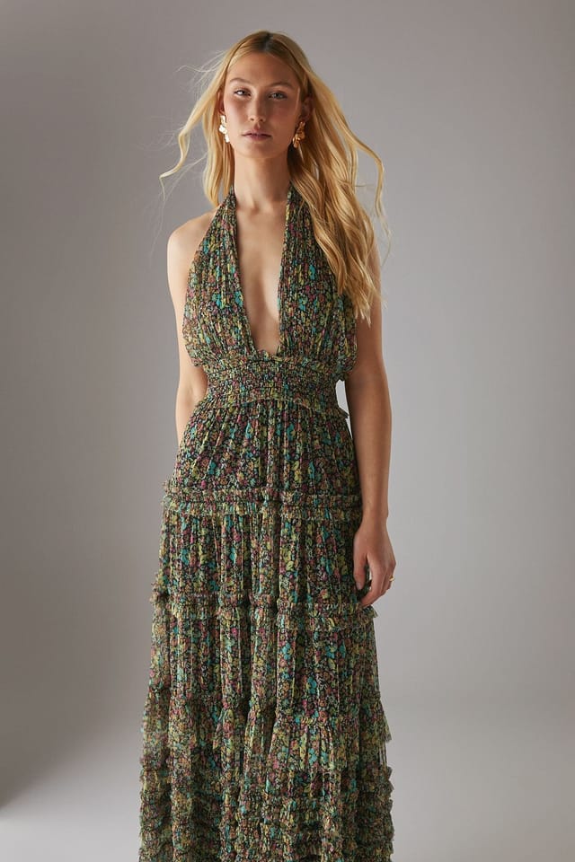 Warehouse Warehouse Women's Tulle Halter Shirred Waist Tier Maxi Dress - 2