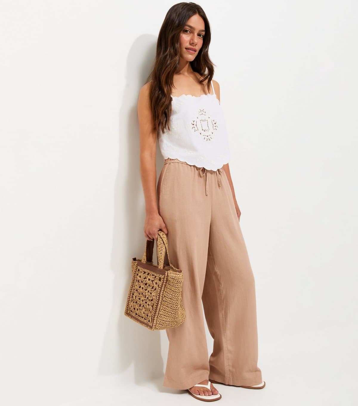 New Look Women's Petite Mink Linen Blend Wide Leg Trousers New Look