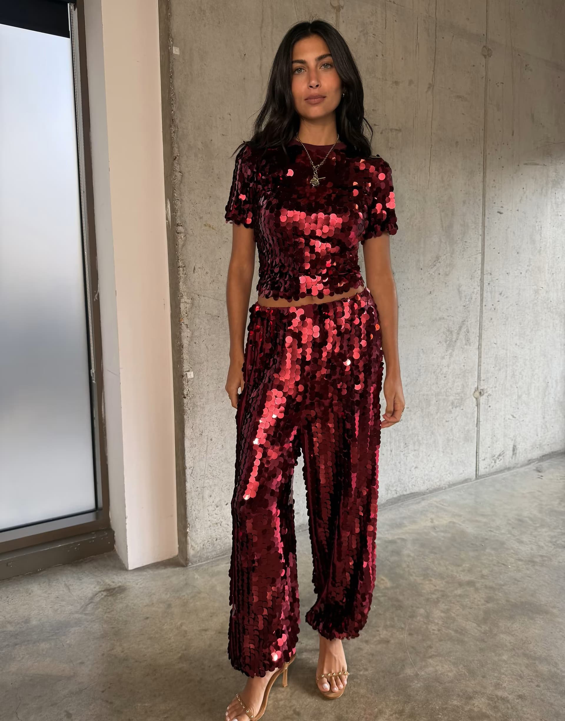 ASOS Never Fully Dressed sequin short sleeve crop top co-ord in red