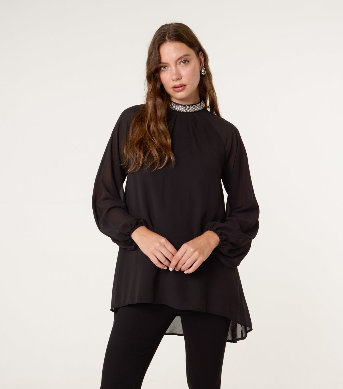 Blue Vanilla Women's Black Embellished Collar Tunic Top Blue Vanilla New Look - 1