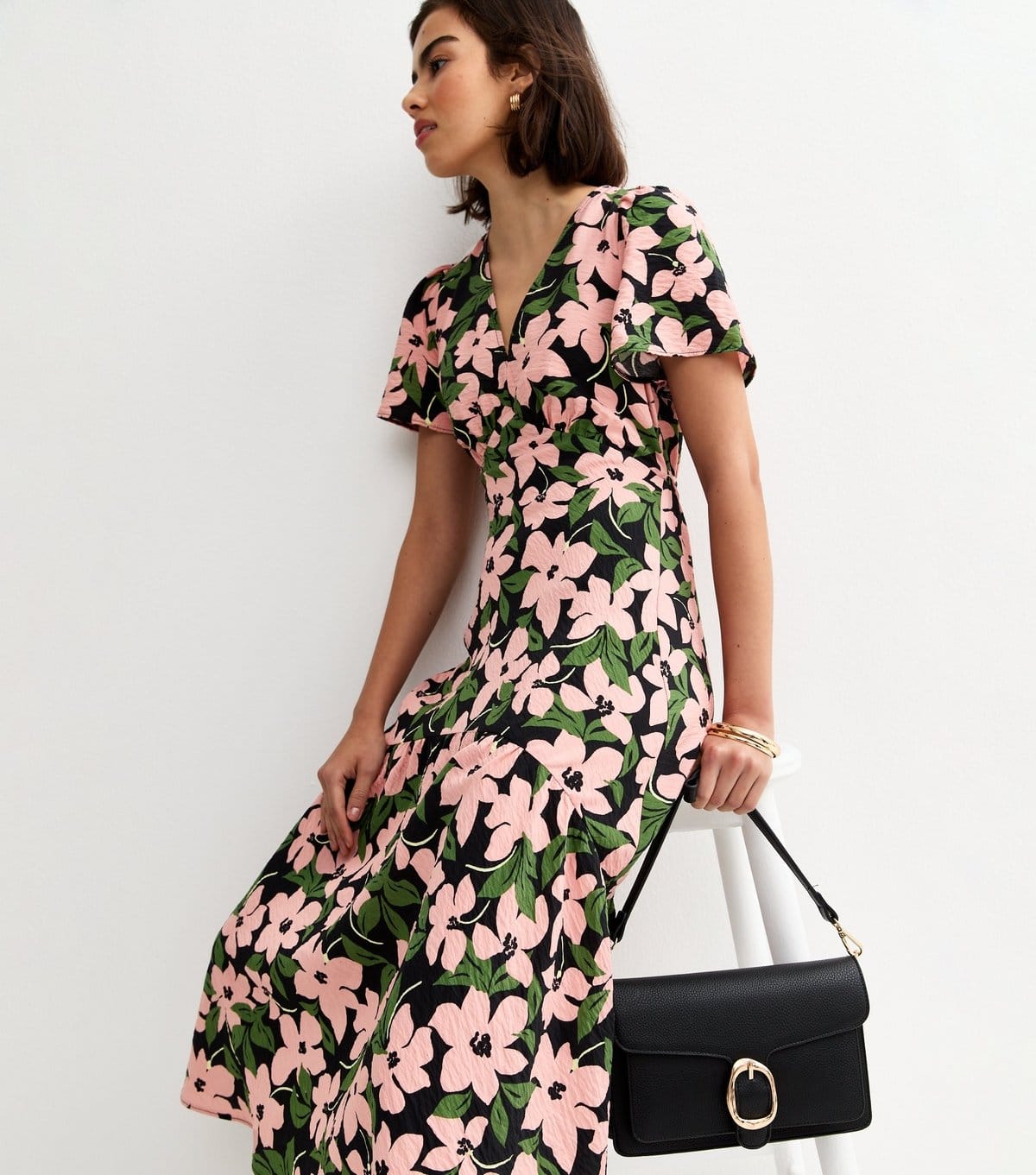 New Look Green Floral Print Tiered Midi Tea Dress