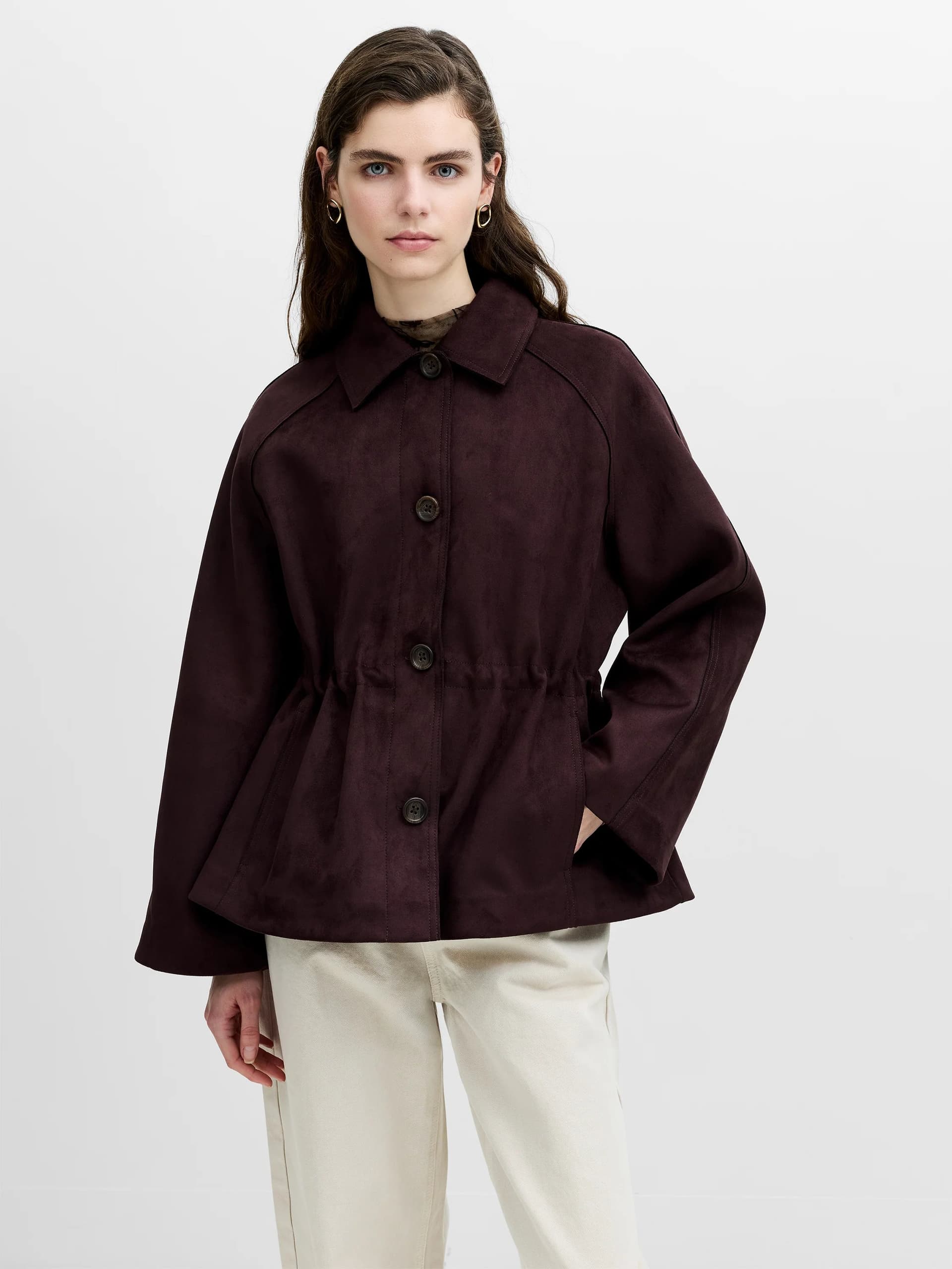 French Connection Laney Brown Faux Suede Cinched Waist Short Coat Mocha Brown
