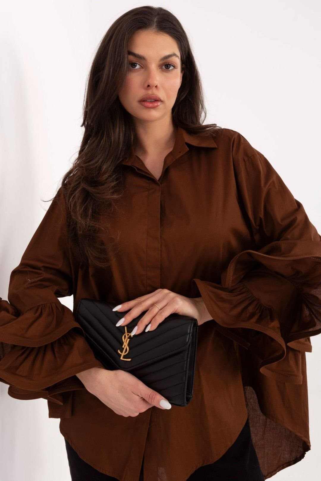 Love Lace Love Lace Women's Elegant Long Sleeve Cotton Shirt With Ruffles in Brown