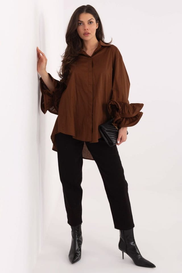 Love Lace Love Lace Women's Elegant Long Sleeve Cotton Shirt With Ruffles in Brown - 2