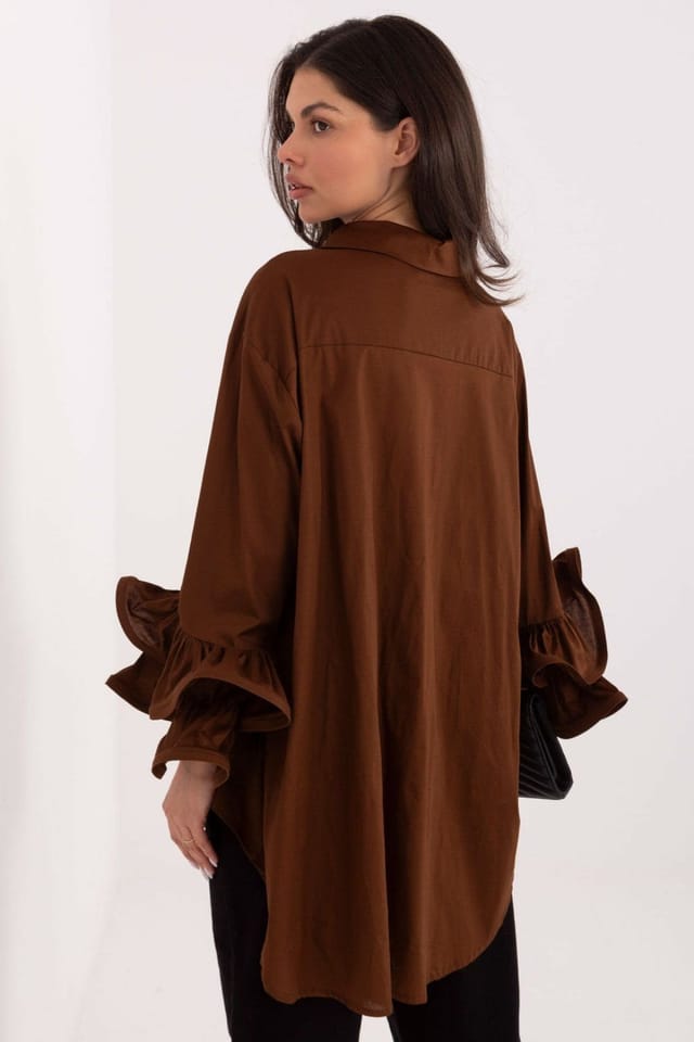 Love Lace Love Lace Women's Elegant Long Sleeve Cotton Shirt With Ruffles in Brown - 3