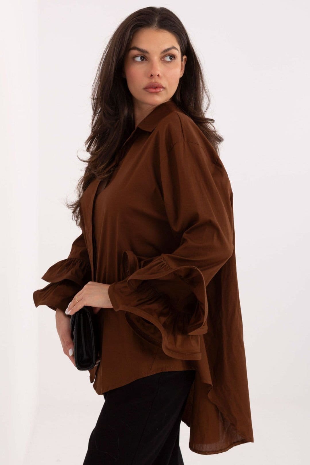 Love Lace Love Lace Women's Elegant Long Sleeve Cotton Shirt With Ruffles in Brown - 4