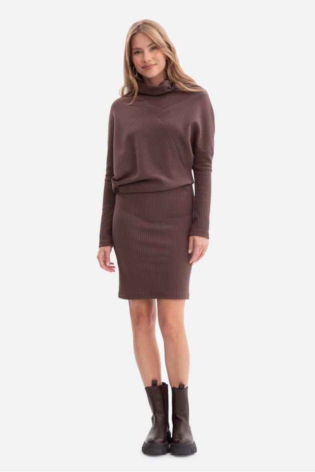 Love Lace Love Lace Women's Ribbed Knit Stand Collar Mini Dress in Brown - 2