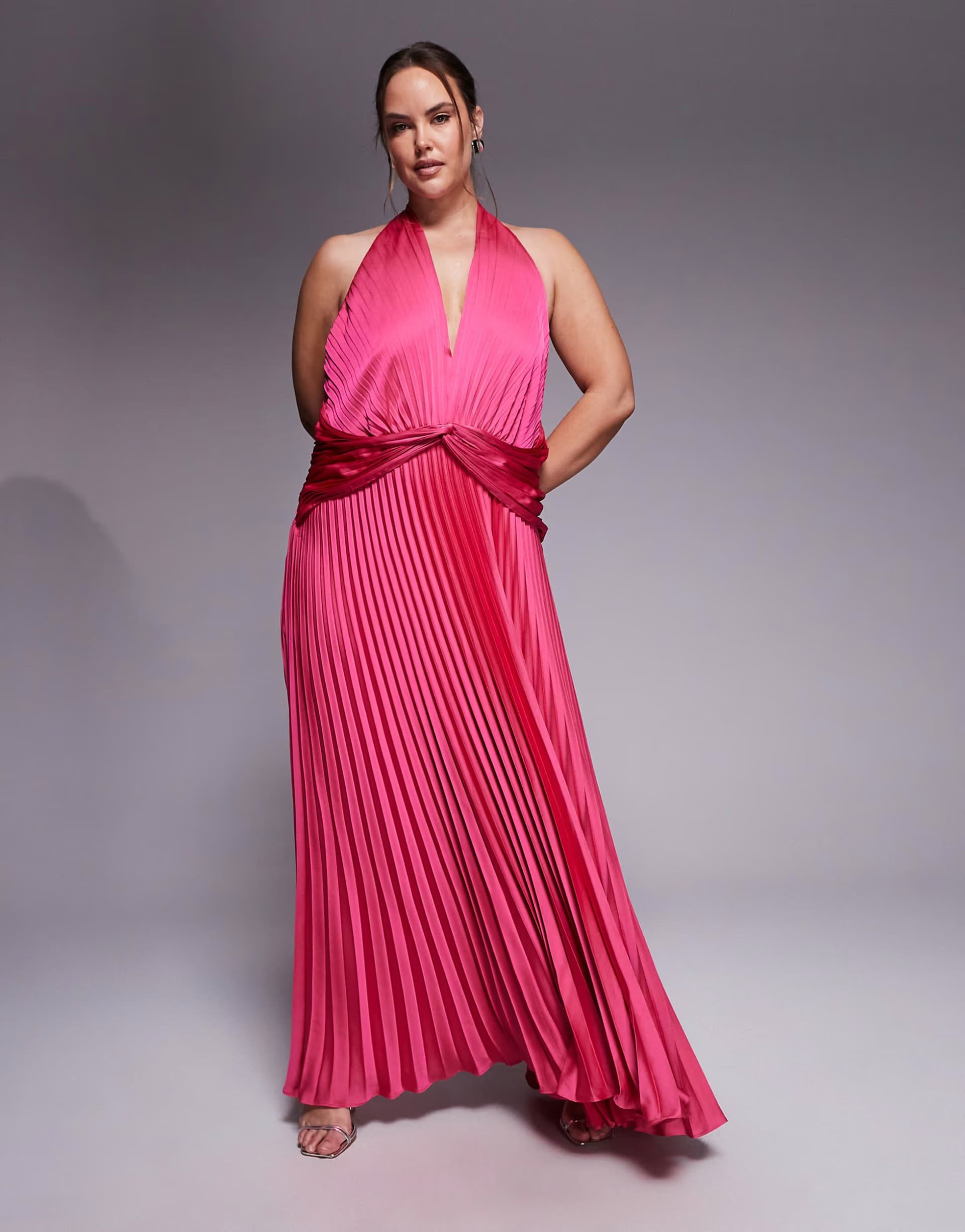 ASOS Forever New Curve pleated satin halter neck maxi dress in fuchsia pink