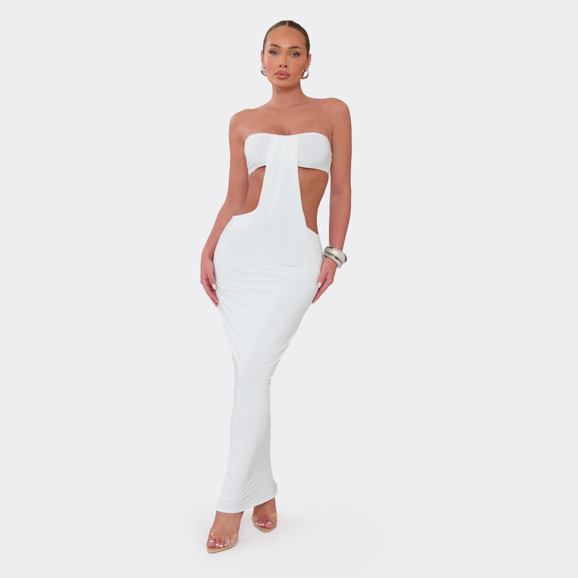 EGO White Bandeau Cut Out Draped Maxi Dress