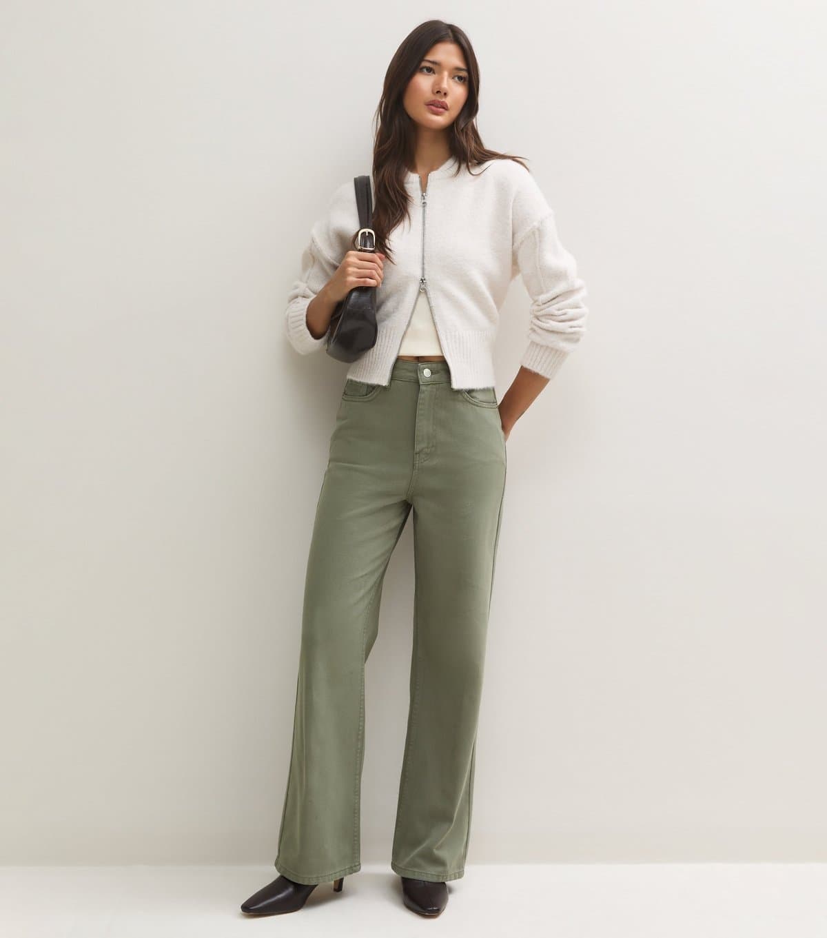 New Look Women's Dark Khaki Adalae High Waisted Wide Leg Jeans New Look