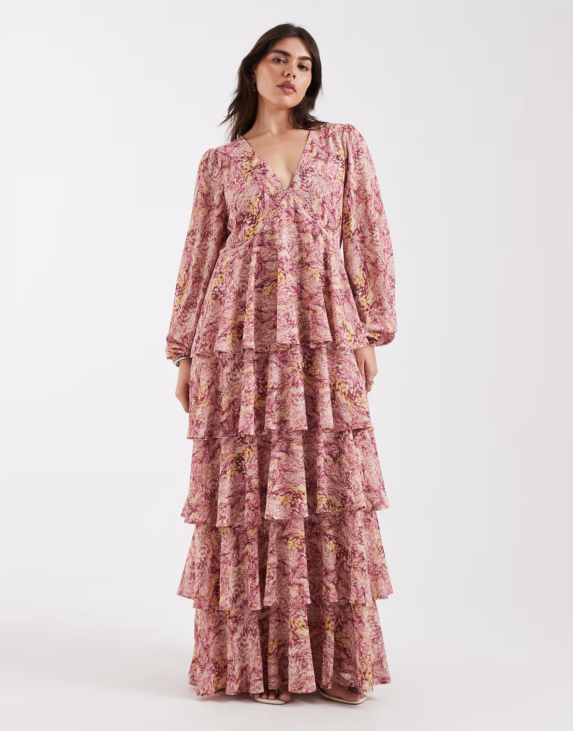 ASOS Pretty Lavish Curve Ashton ruffle v neck long sleeved maxi dress in abstract berry floral print - 1