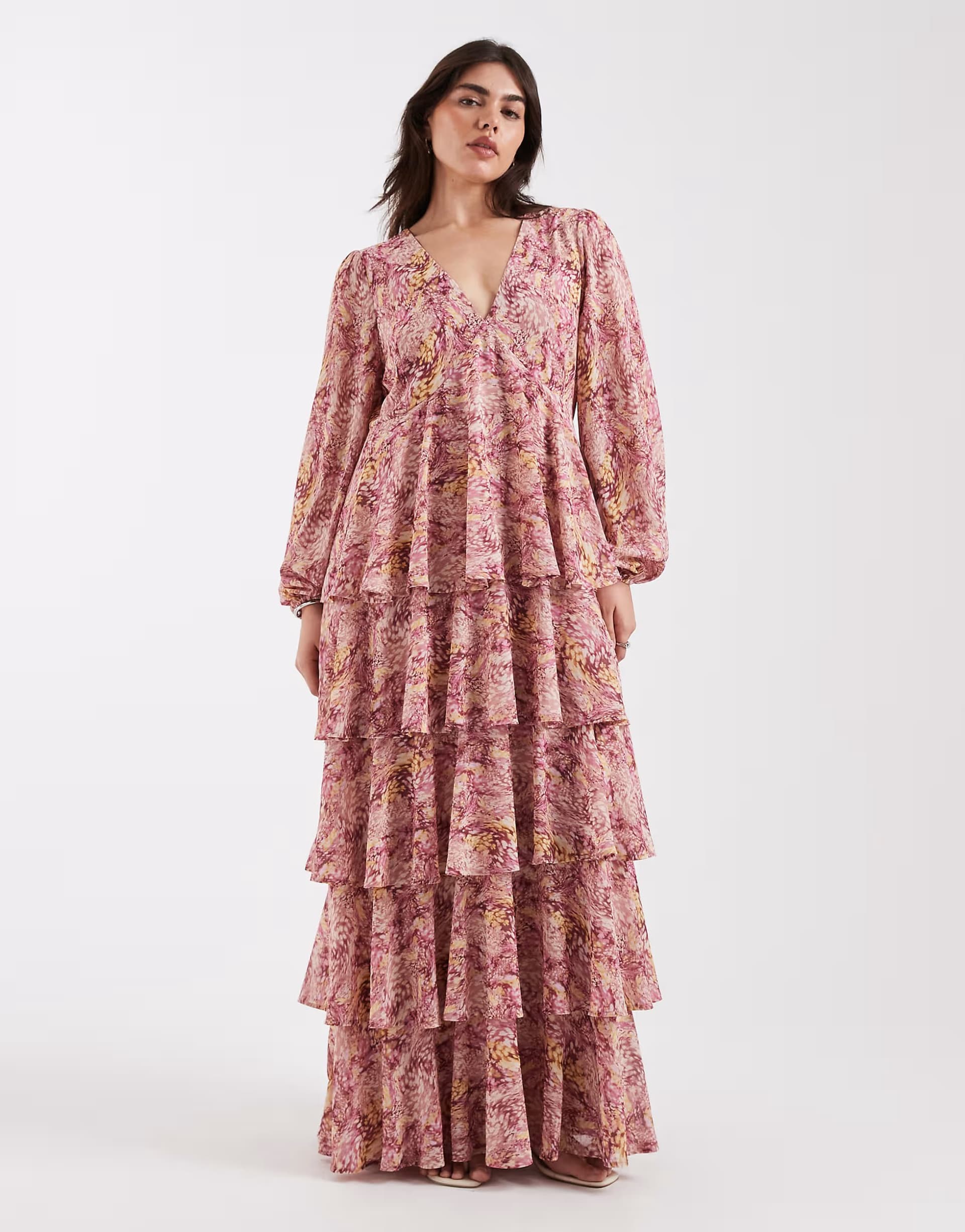 ASOS Pretty Lavish Curve Ashton ruffle v neck long sleeved maxi dress in abstract berry floral print
