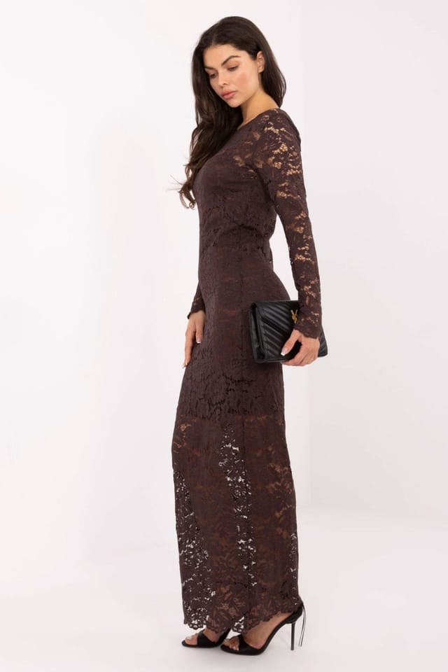 Love Lace Love Lace Women's Subtle Lace Maxi Dress with Slip & Sleeves in Brown - 2