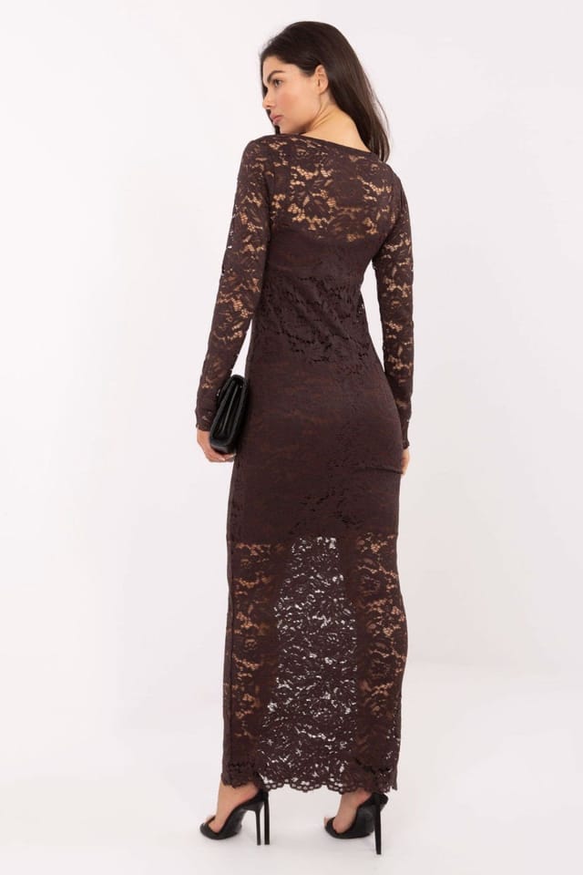 Love Lace Love Lace Women's Subtle Lace Maxi Dress with Slip & Sleeves in Brown - 3